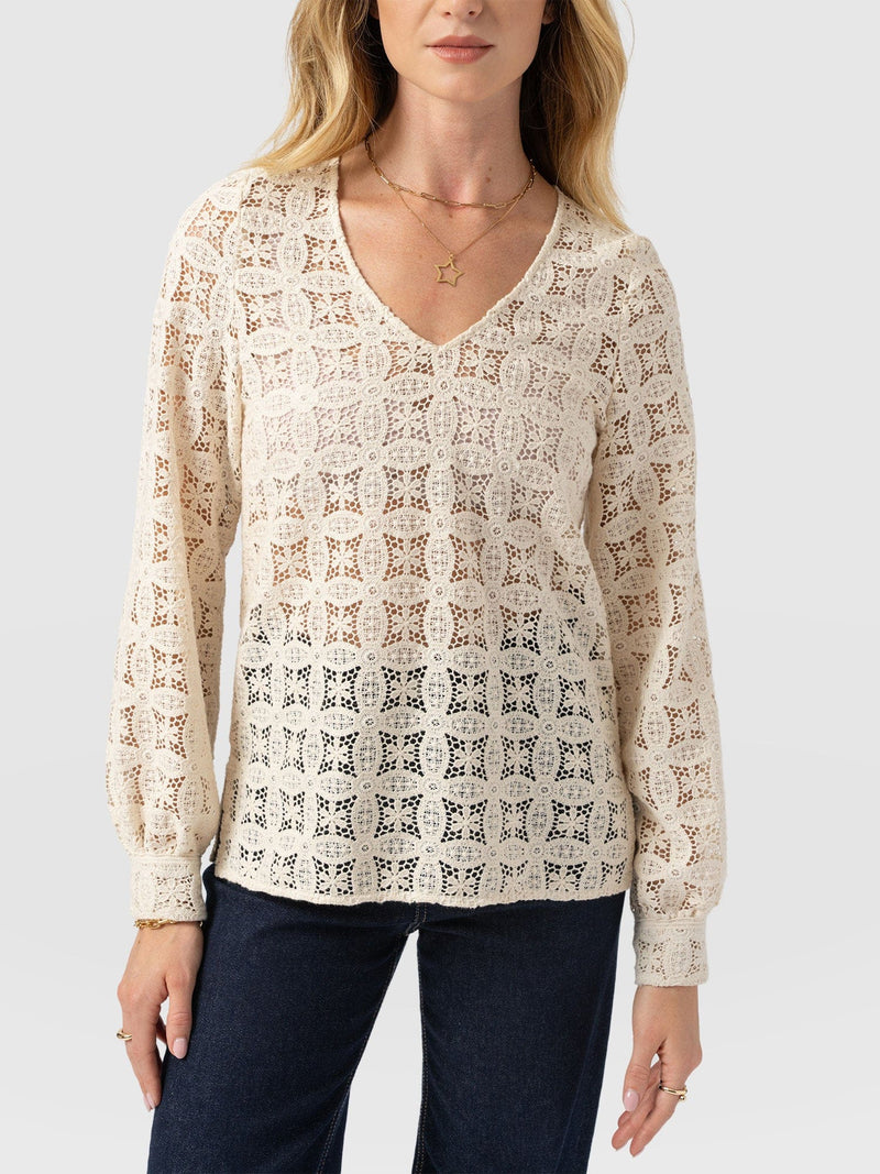 Ottilie V Neck Blouse - Cream Broderie - Women's Blouses | Saint + Sofia® UK