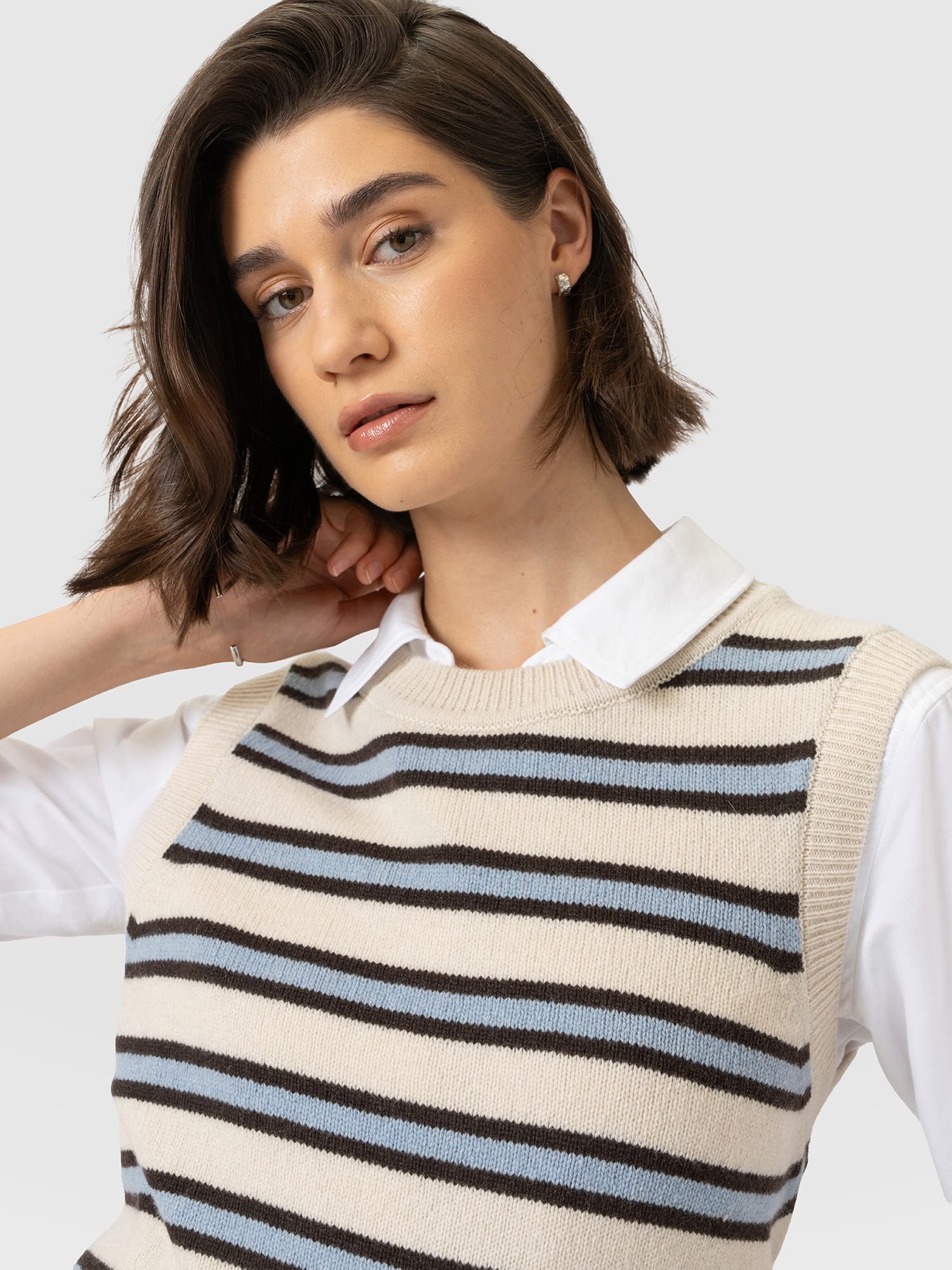 Oxford Cashmere Sleeveless Knit - Cream Stripe - Women's Jumpers | Saint and Sofia® UK