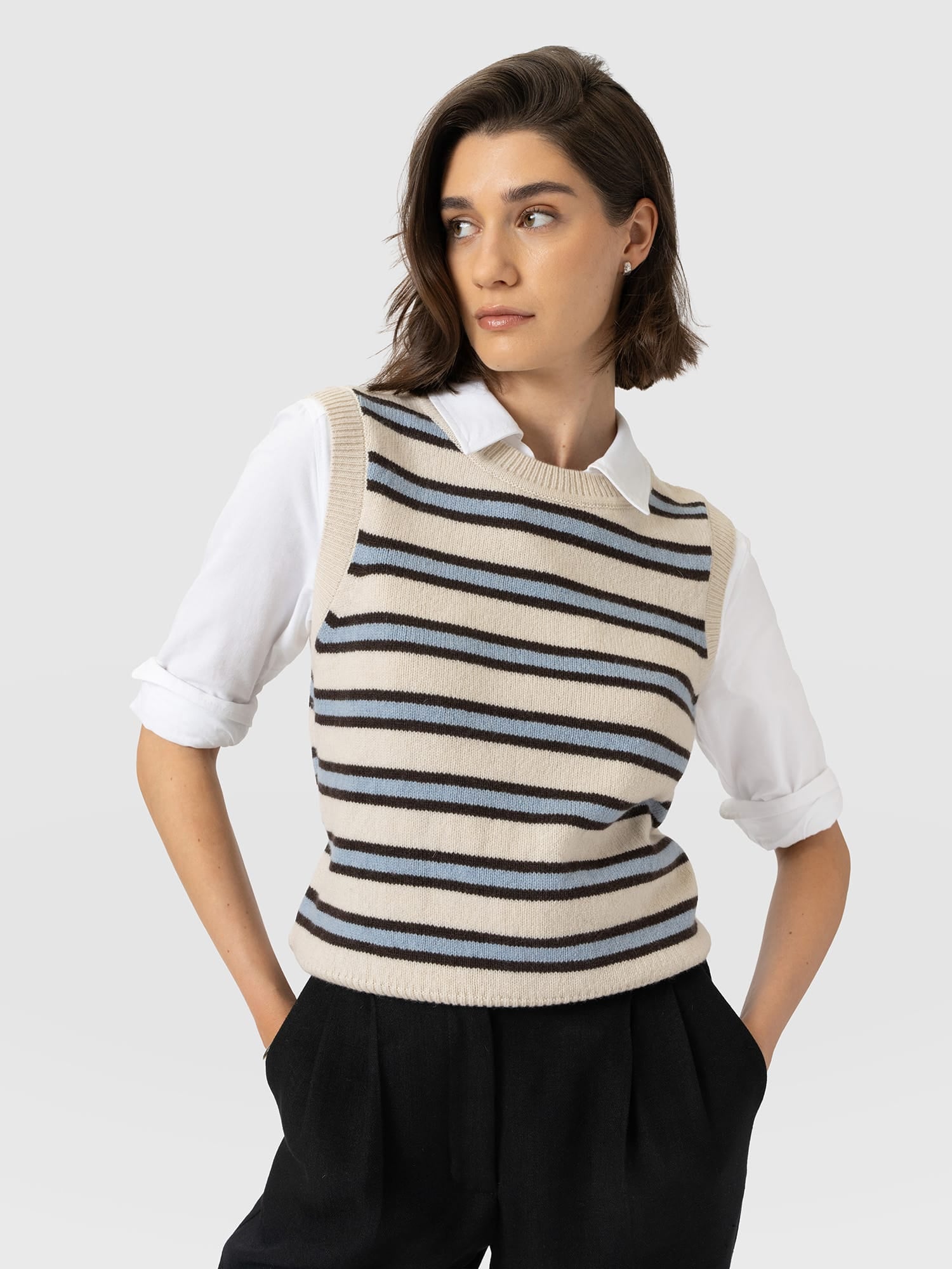 Oxford Cashmere Sleeveless Knit - Cream Stripe - Women's Jumpers | Saint and Sofia® UK