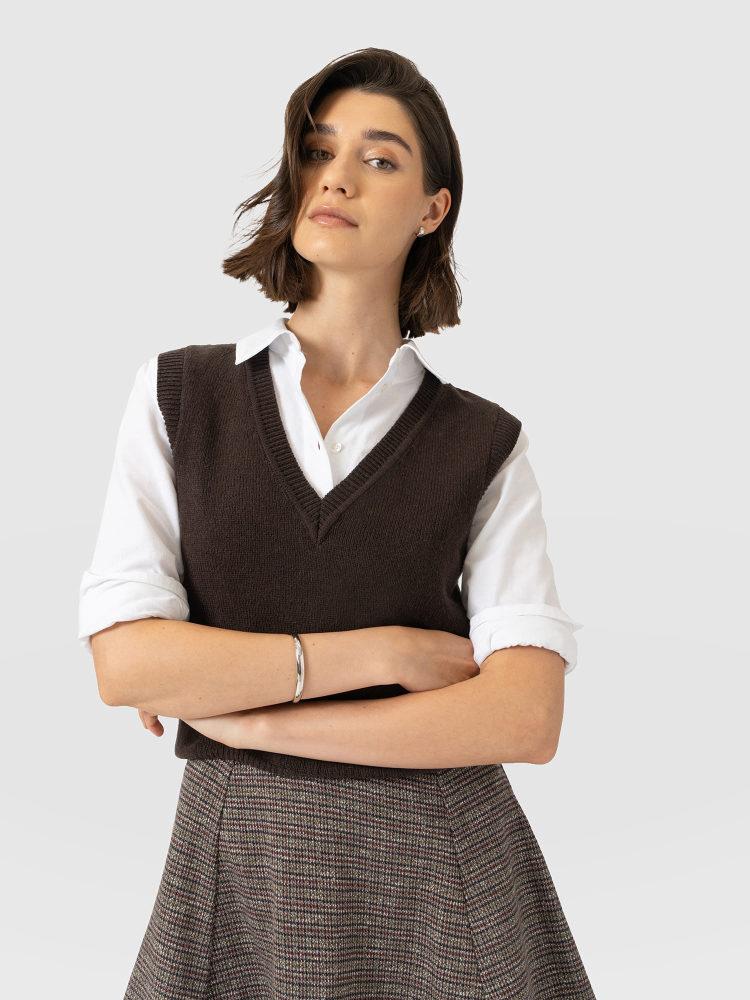 Oxford Cashmere V Neck Sleeveless Knit - Brown