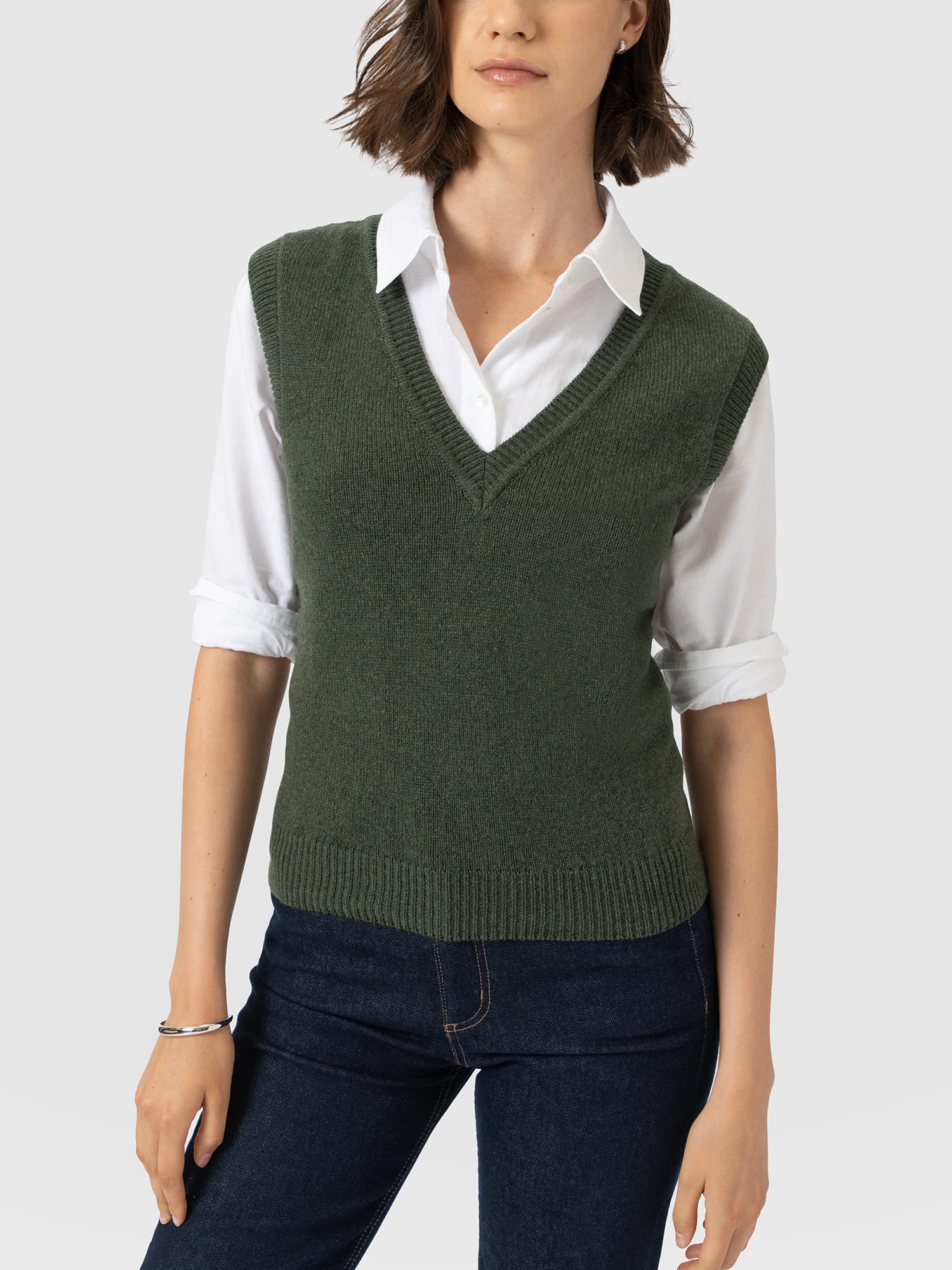 Oxford Cashmere V Neck Sleeveless Knit - Khaki - Women's Jumpers | Saint and Sofia® UK