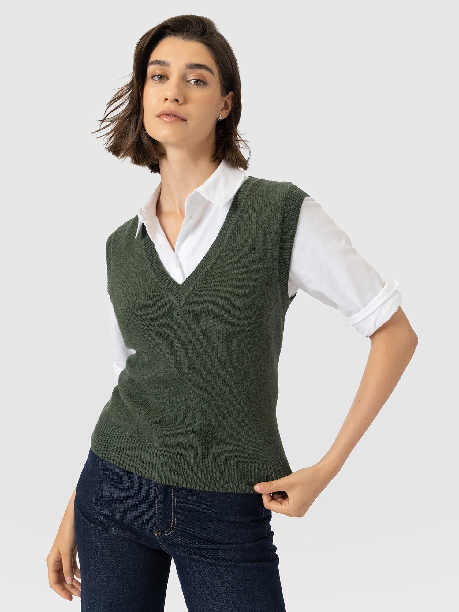 Oxford Cashmere V Neck Sleeveless Knit - Khaki - Women's Jumpers | Saint and Sofia® UK