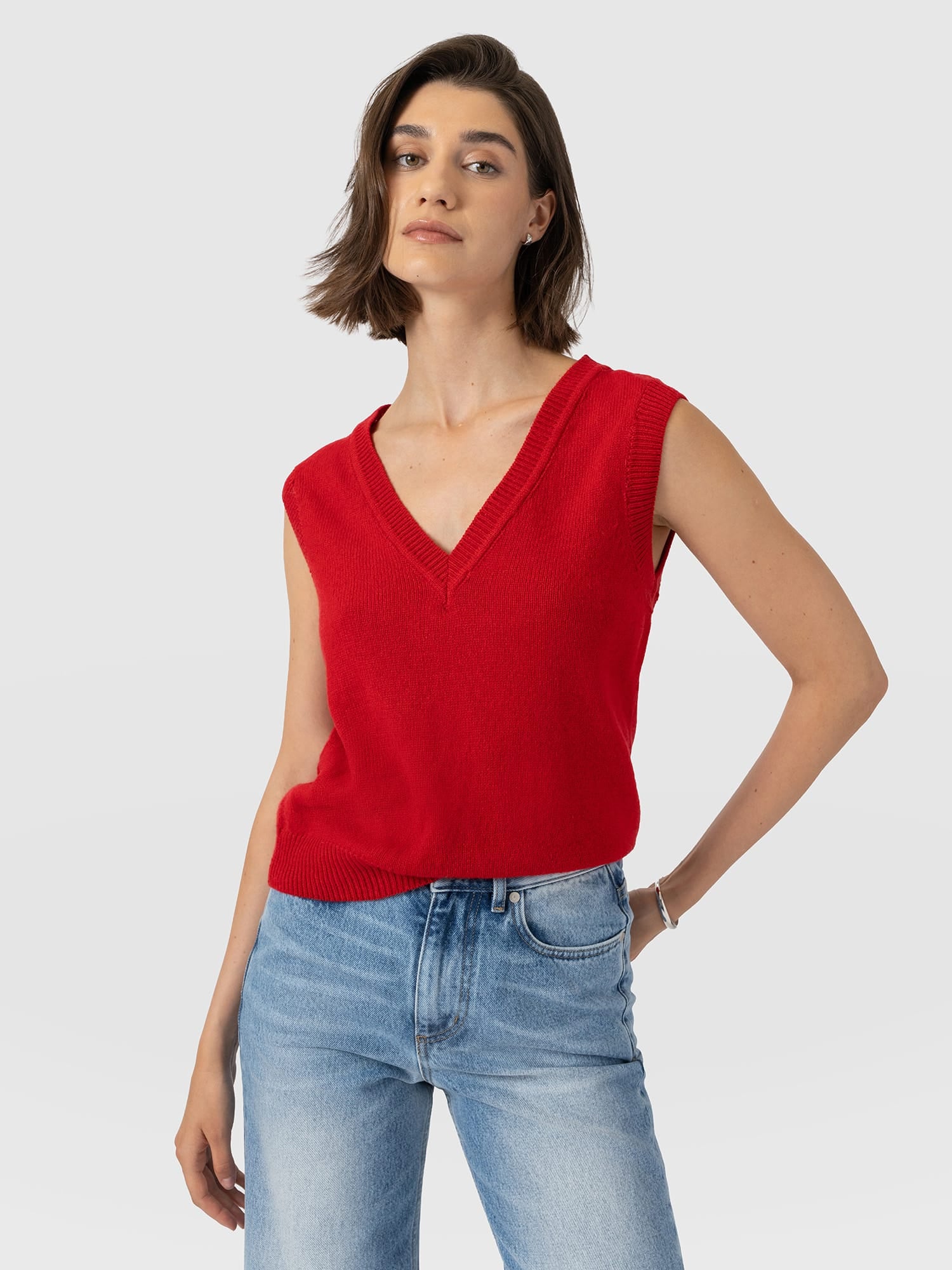 Oxford Cashmere V Neck Sleeveless Knit - Red