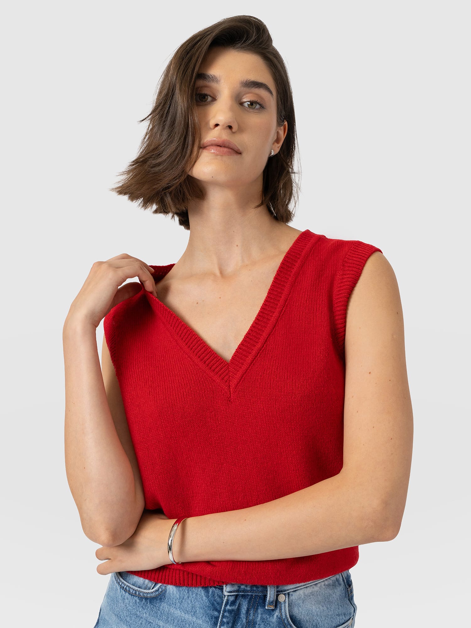 Oxford Cashmere V Neck Sleeveless Knit - Red