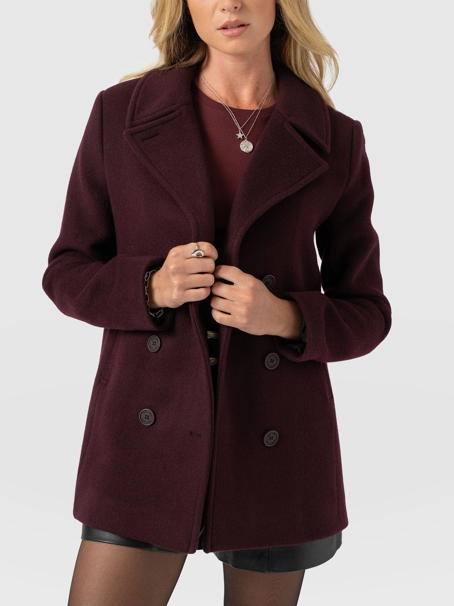 Quinn Pea Coat - Maroon - Women's Outerwears | Saint + Sofia® UK