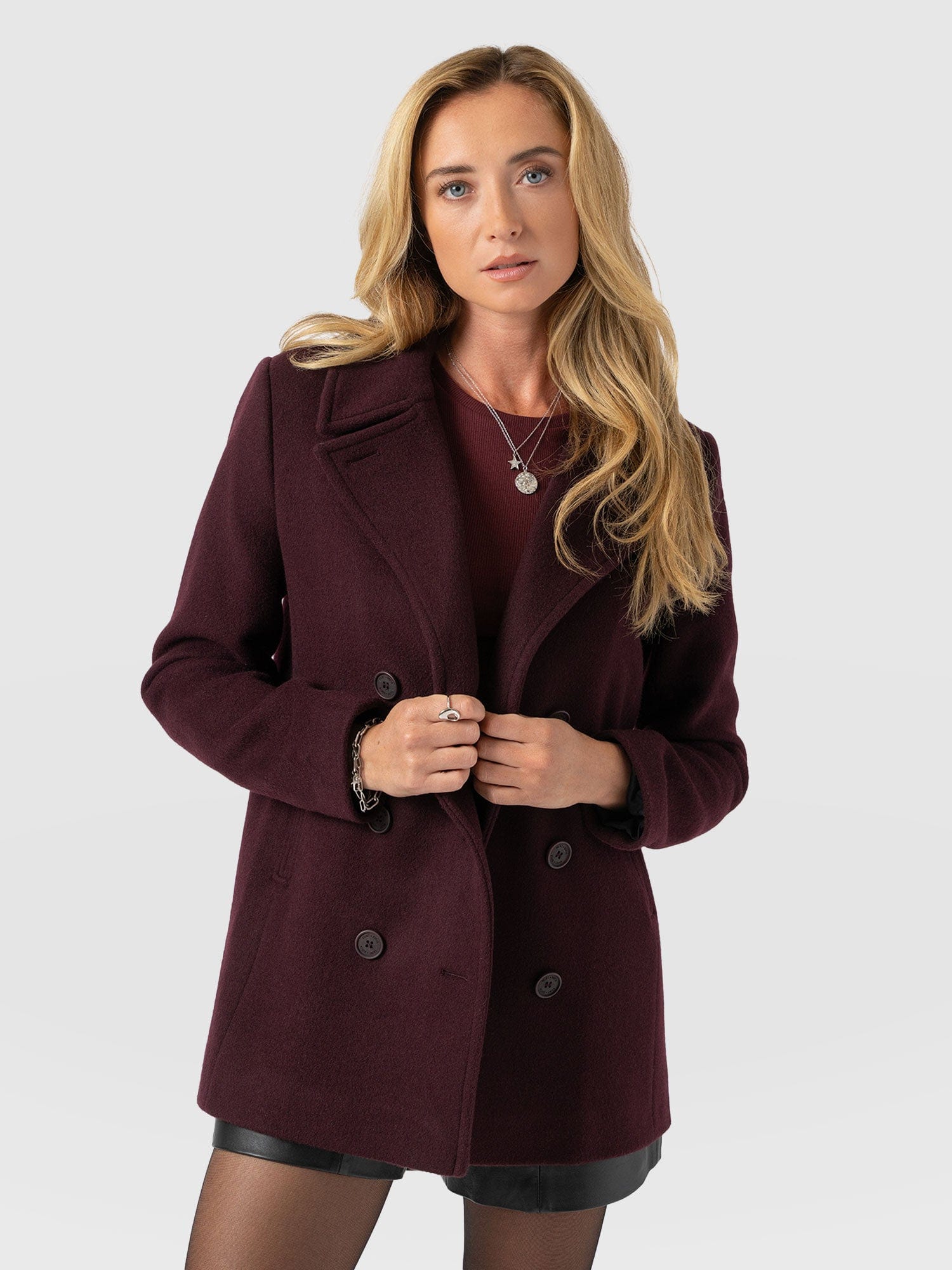 Quinn Pea Coat - Maroon - Women's Outerwears | Saint + Sofia® UK