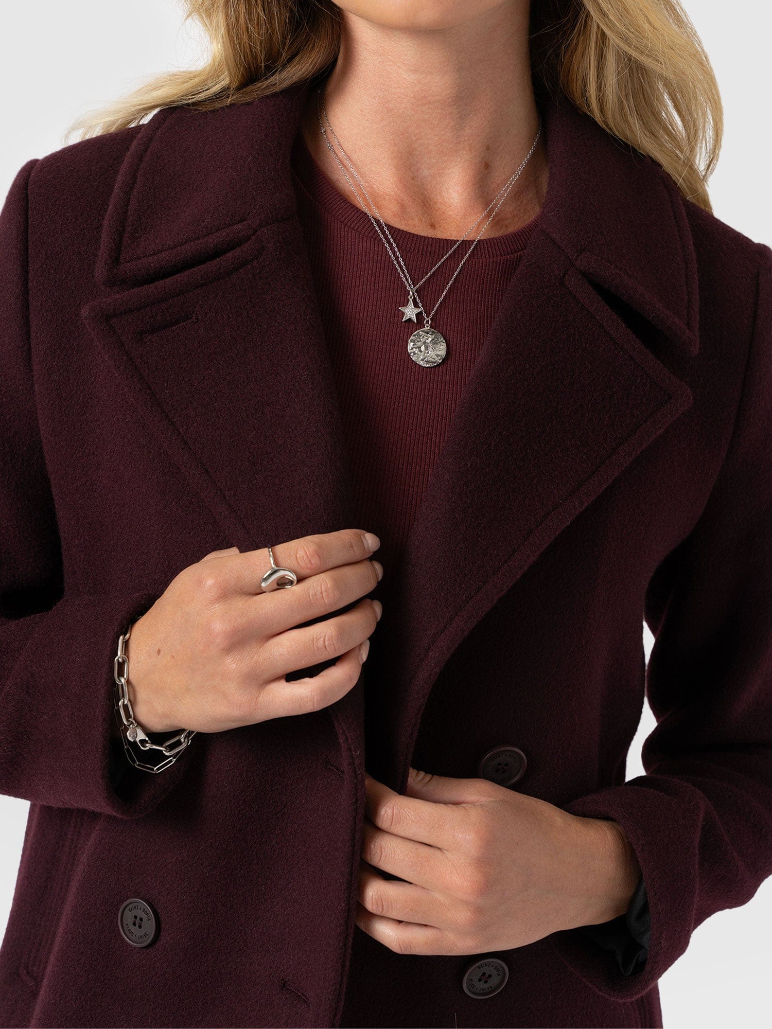 Quinn Pea Coat - Maroon - Women's Outerwears | Saint + Sofia® UK