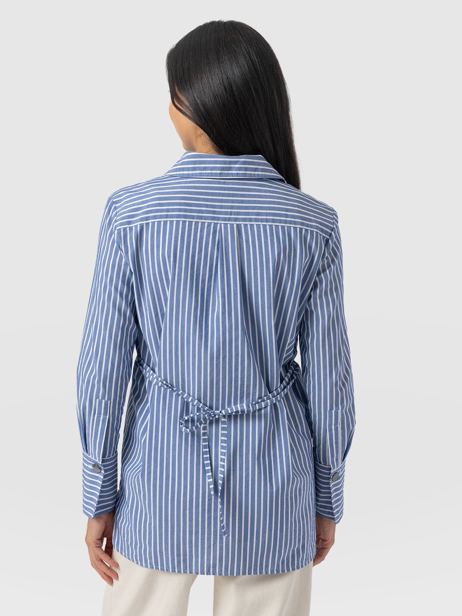 Reagan Tie Shirt - Blue Stripe - Women's Blouses | Saint + Sofia® UK
