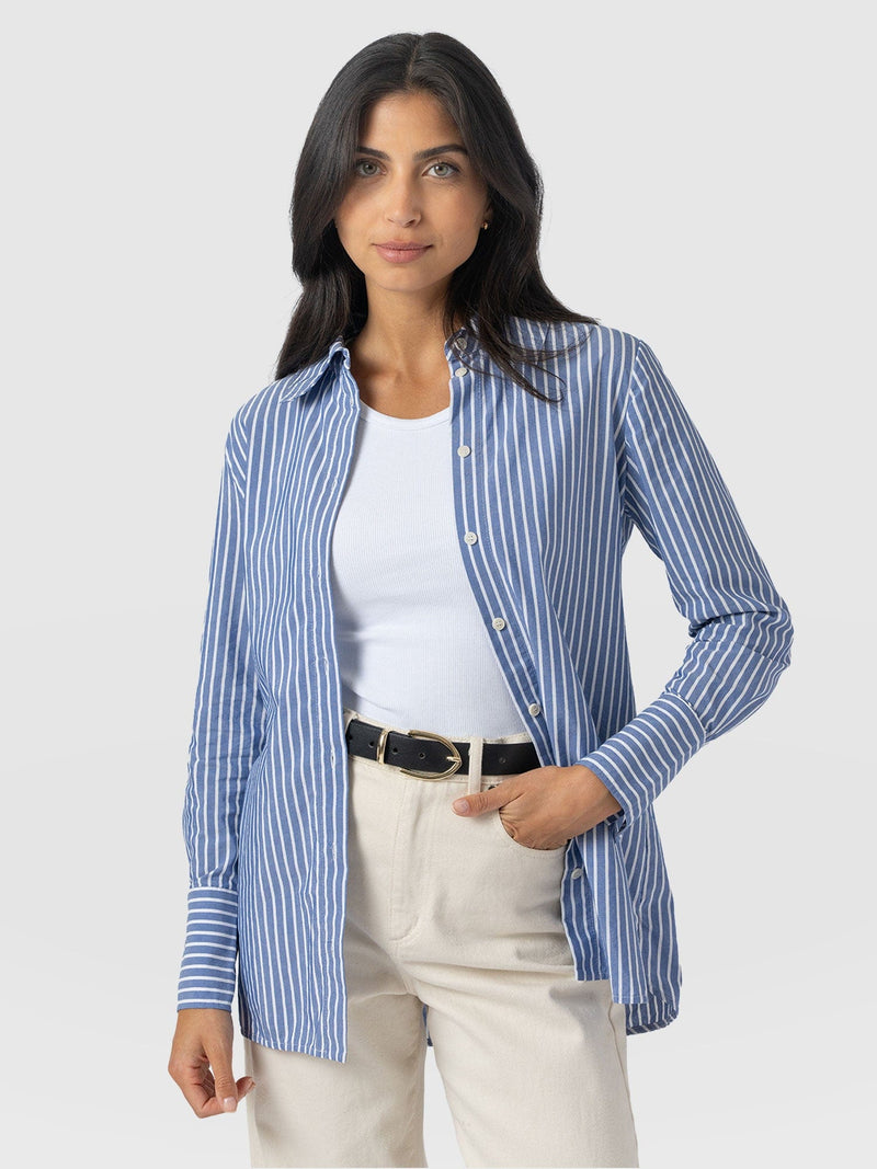 Reagan Tie Shirt - Blue Stripe - Women's Blouses | Saint + Sofia® UK