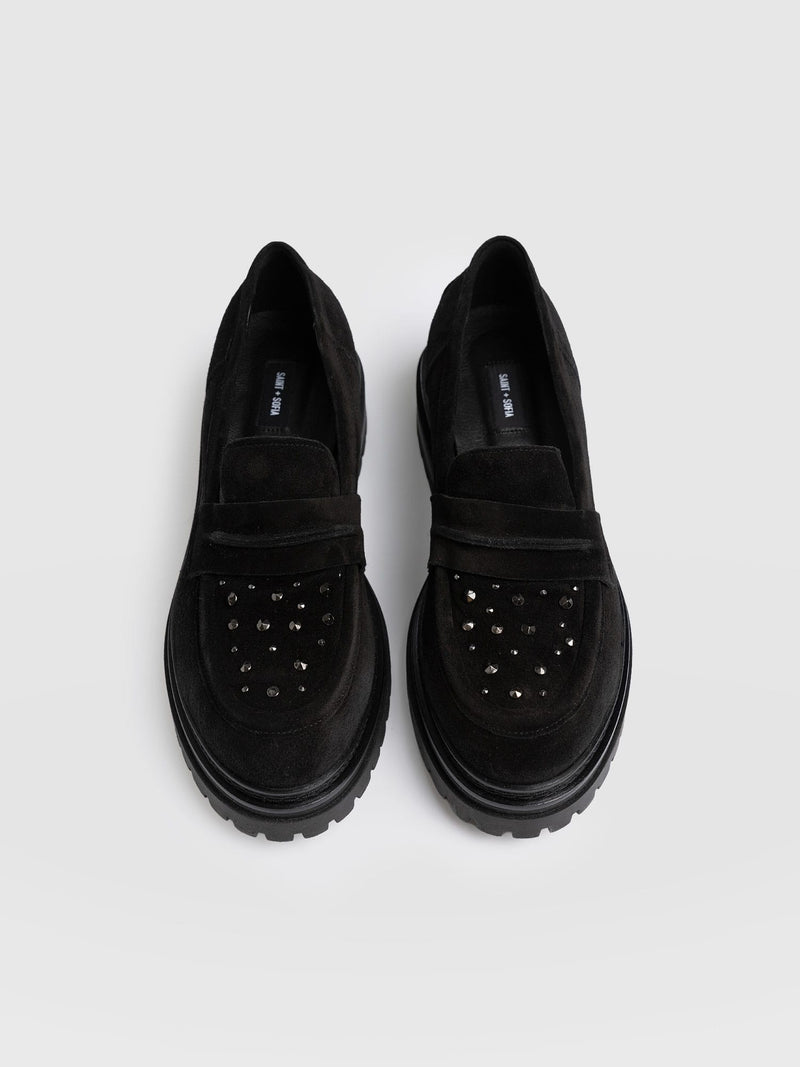 Raine Studded Loafer - Black Suede