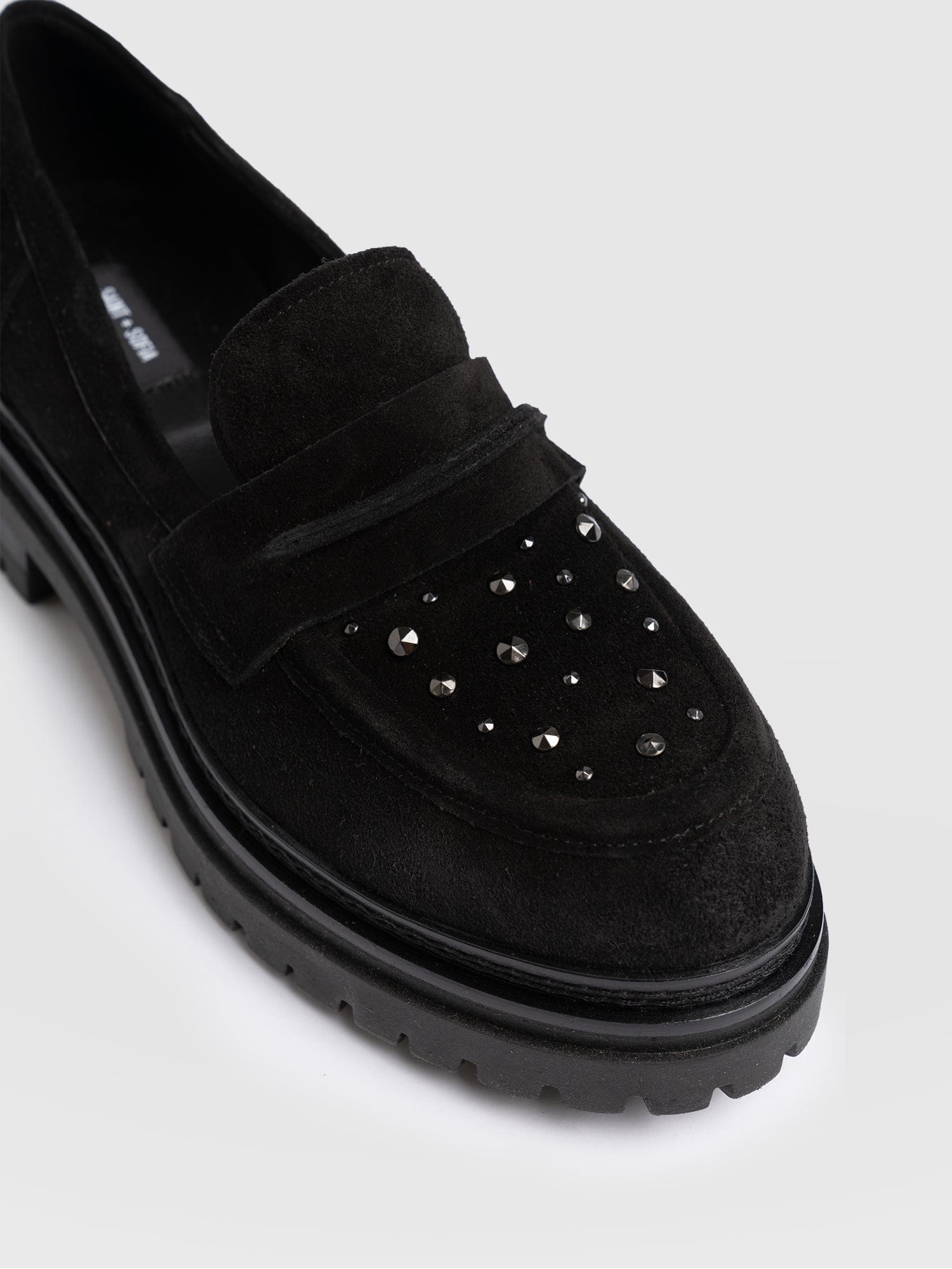 Raine Studded Loafer Black Suede- Women's Loafers | Saint + Sofia® UK