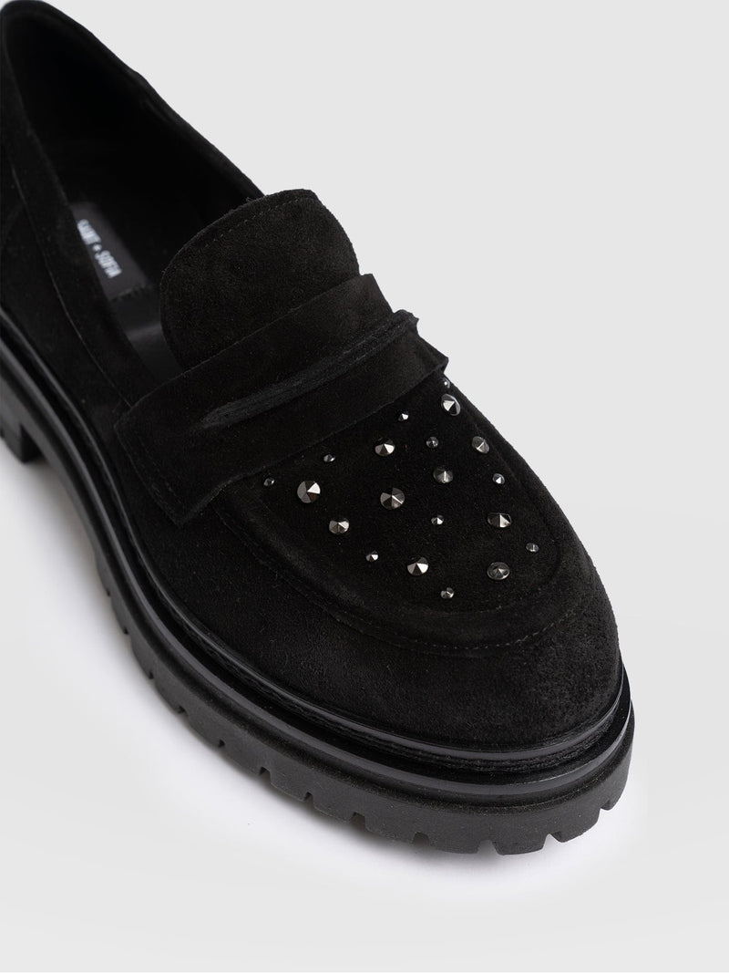 Raine Studded Loafer Black Suede- Women's Loafers | Saint + Sofia® UK