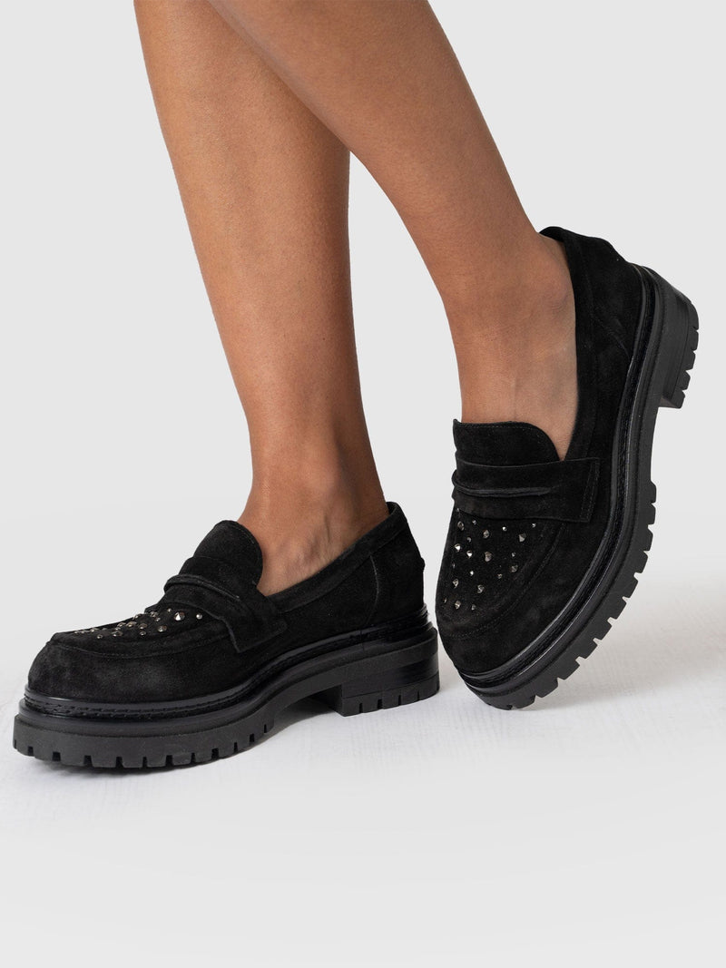 Raine Studded Loafer Black Suede- Women's Loafers | Saint + Sofia® UK