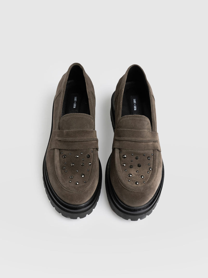 Raine Studded Loafer Taupe Suede- Women's Loafers | Saint + Sofia® UK