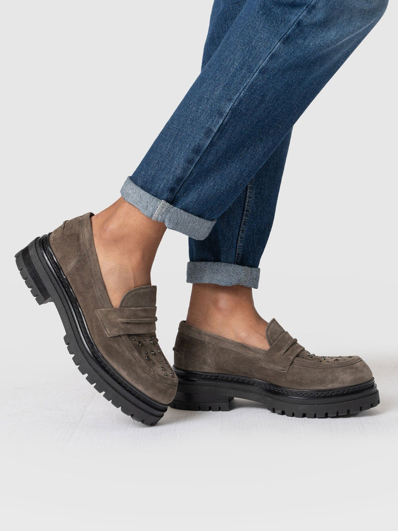 Raine Studded Loafer Taupe Suede- Women's Loafers | Saint + Sofia® UK