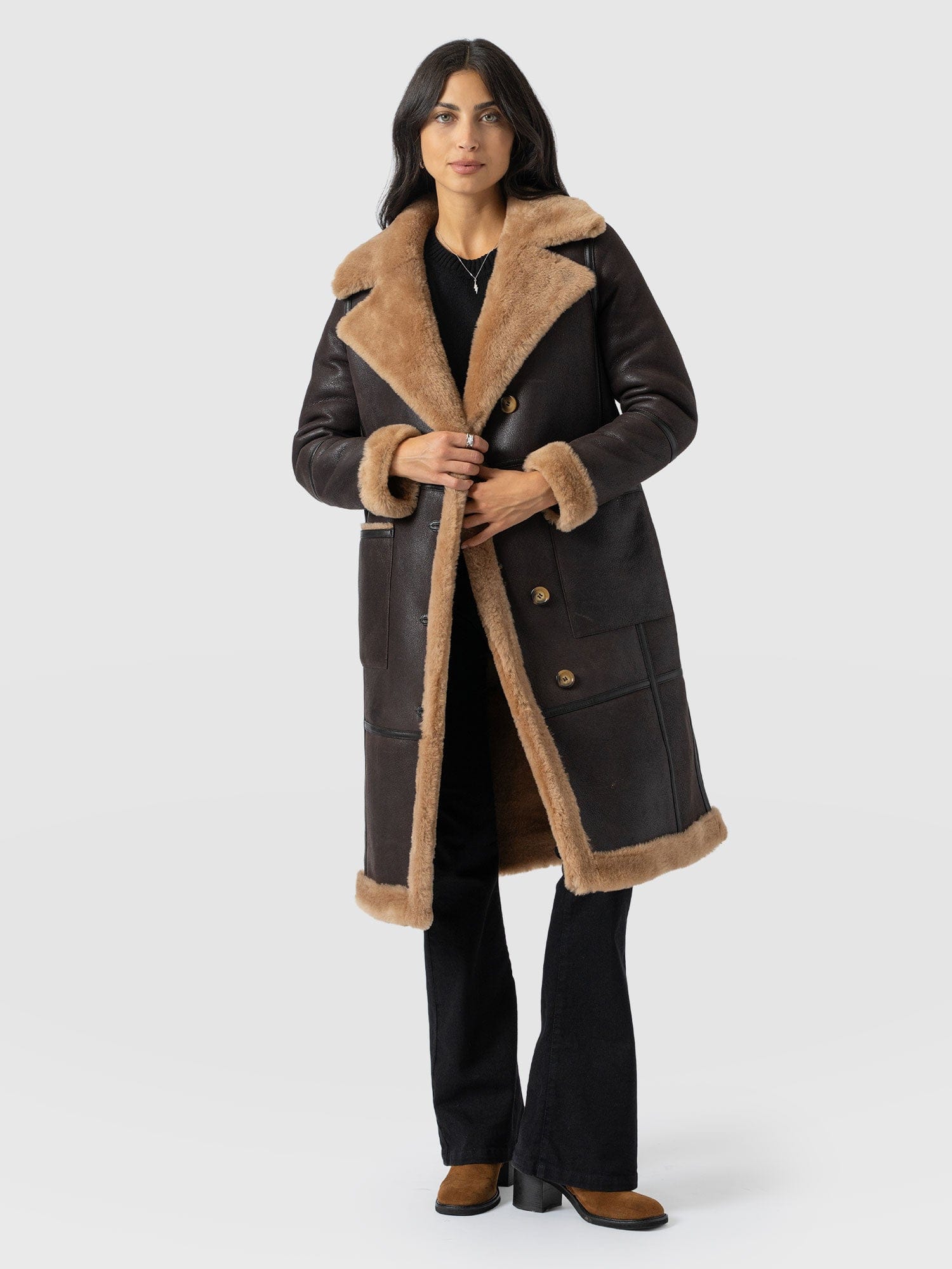 Ramone Shearling Reversible Coat - Brown - Women's Leathers | Saint + Sofia® UK