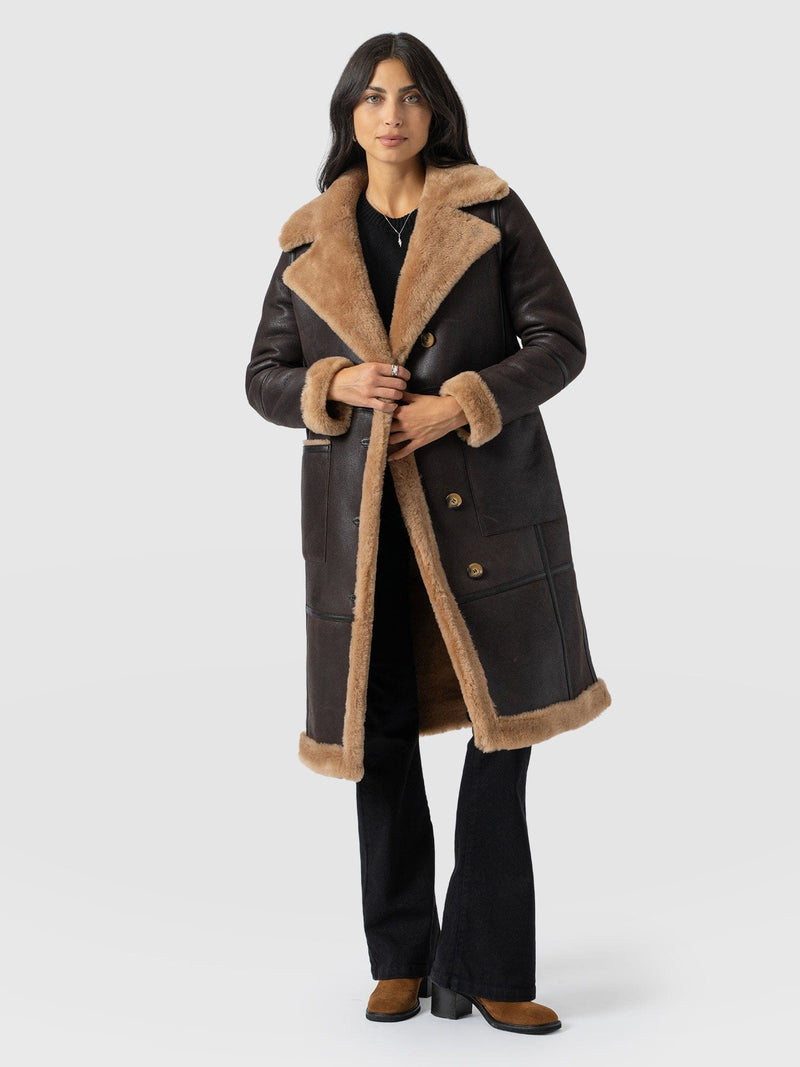 Ramone Shearling Reversible Coat - Brown - Women's Leathers | Saint + Sofia® UK