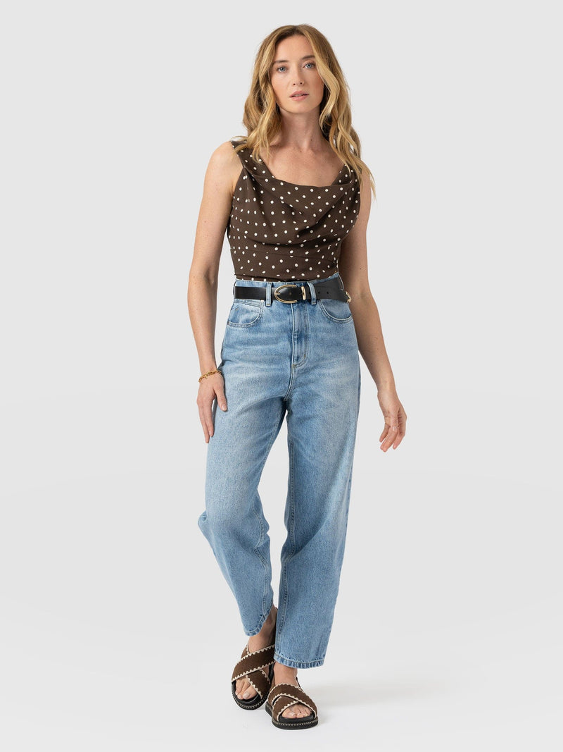 Raye Cowl Cami - Brown Polka Dot - Women's T-shirts | Saint + Sofia® UK