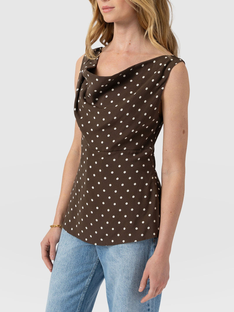Raye Cowl Cami - Brown Polka Dot - Women's T-shirts | Saint + Sofia® UK