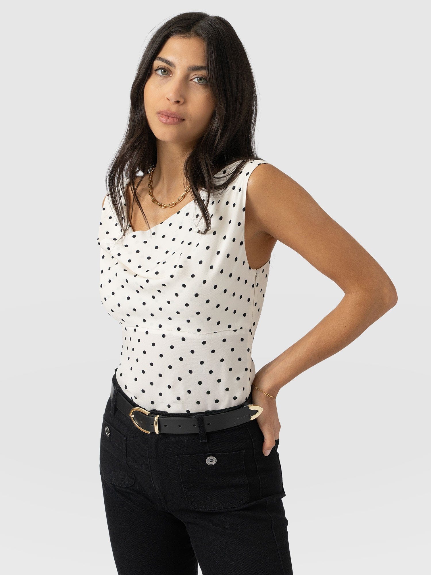 Raye Cowl Cami - Cream Polka Dot - Women's T-shirts | Saint + Sofia® UK