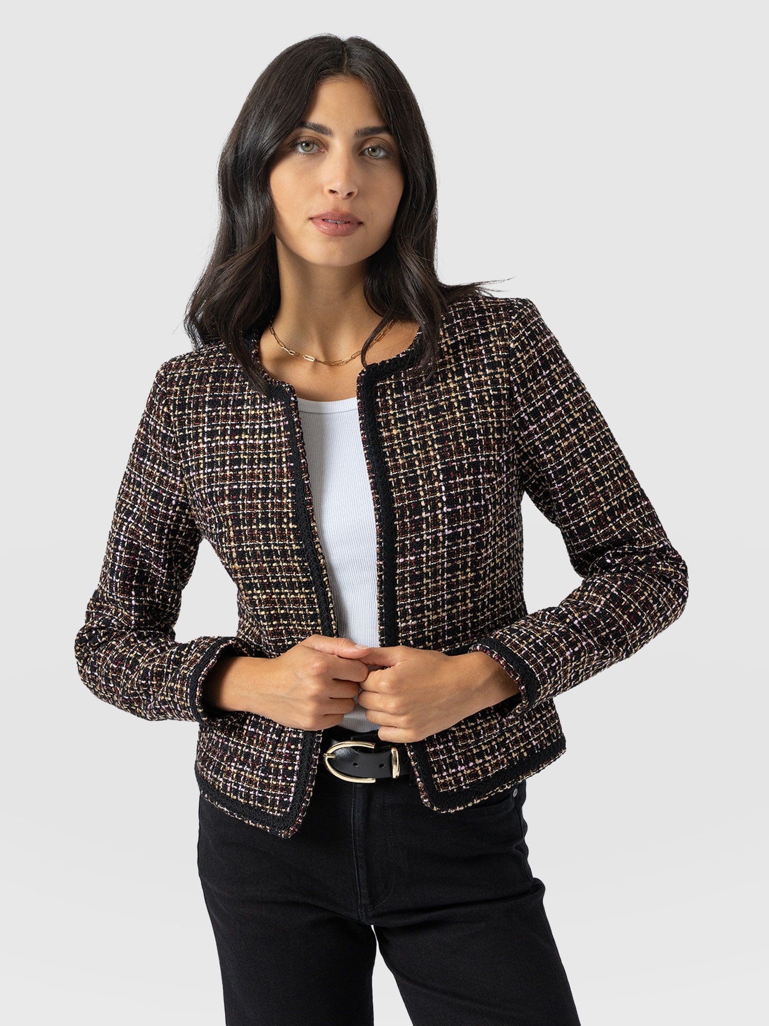 Rayner Jacket - Black/Burgundy/Gold Boucle - Women's Jackets | Saint + Sofia® UK