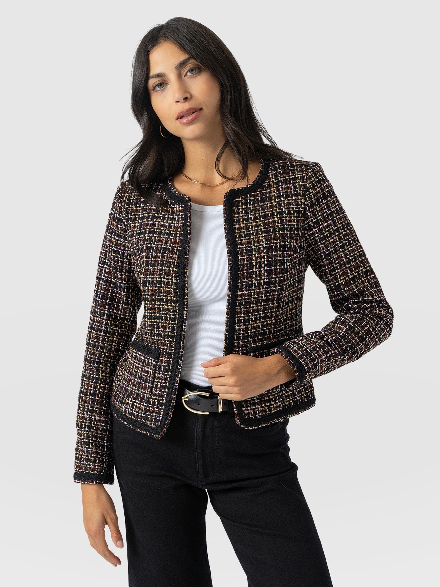 Rayner Jacket - Black/Burgundy/Gold Boucle - Women's Jackets | Saint + Sofia® UK