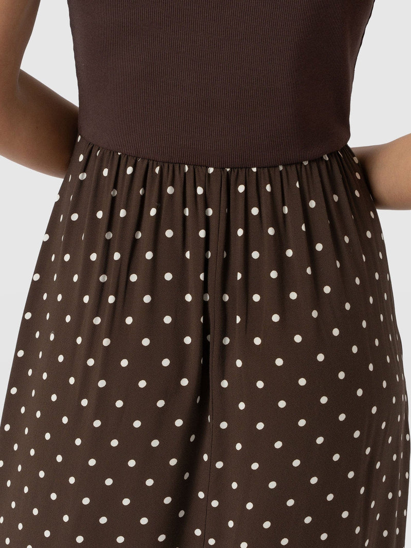 Renee Contrast Frill Dress - Brown Polka Dot - Women's Handbags | Saint + Sofia® UK