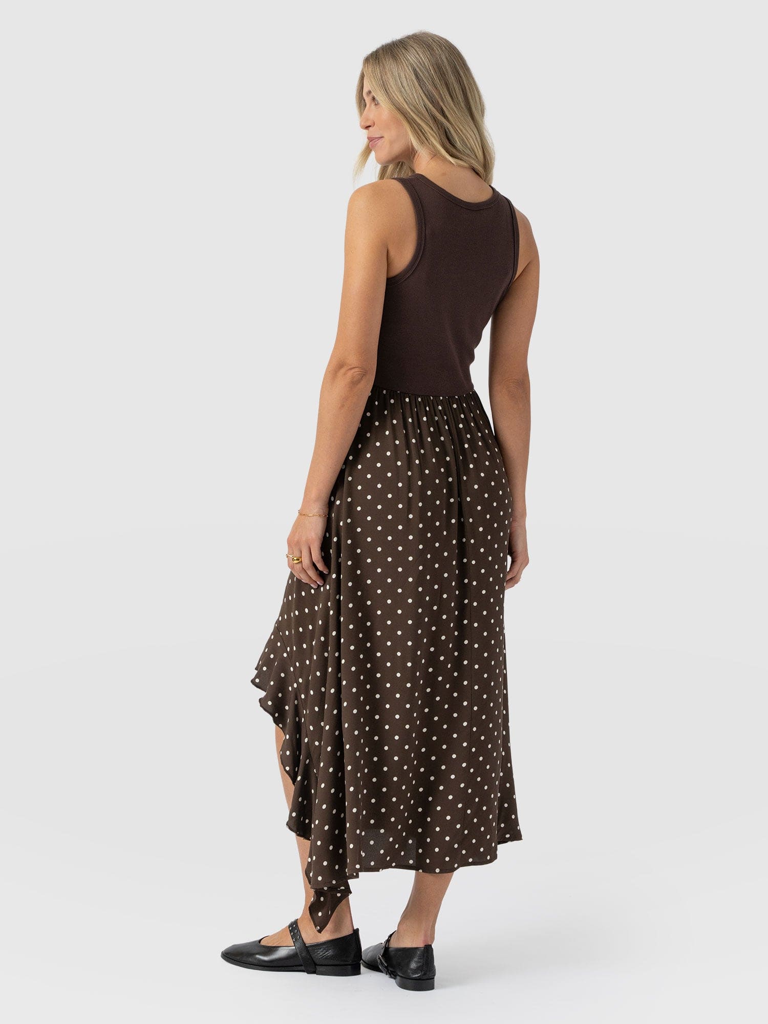 Renee Contrast Frill Dress - Brown Polka Dot - Women's Handbags | Saint + Sofia® UK