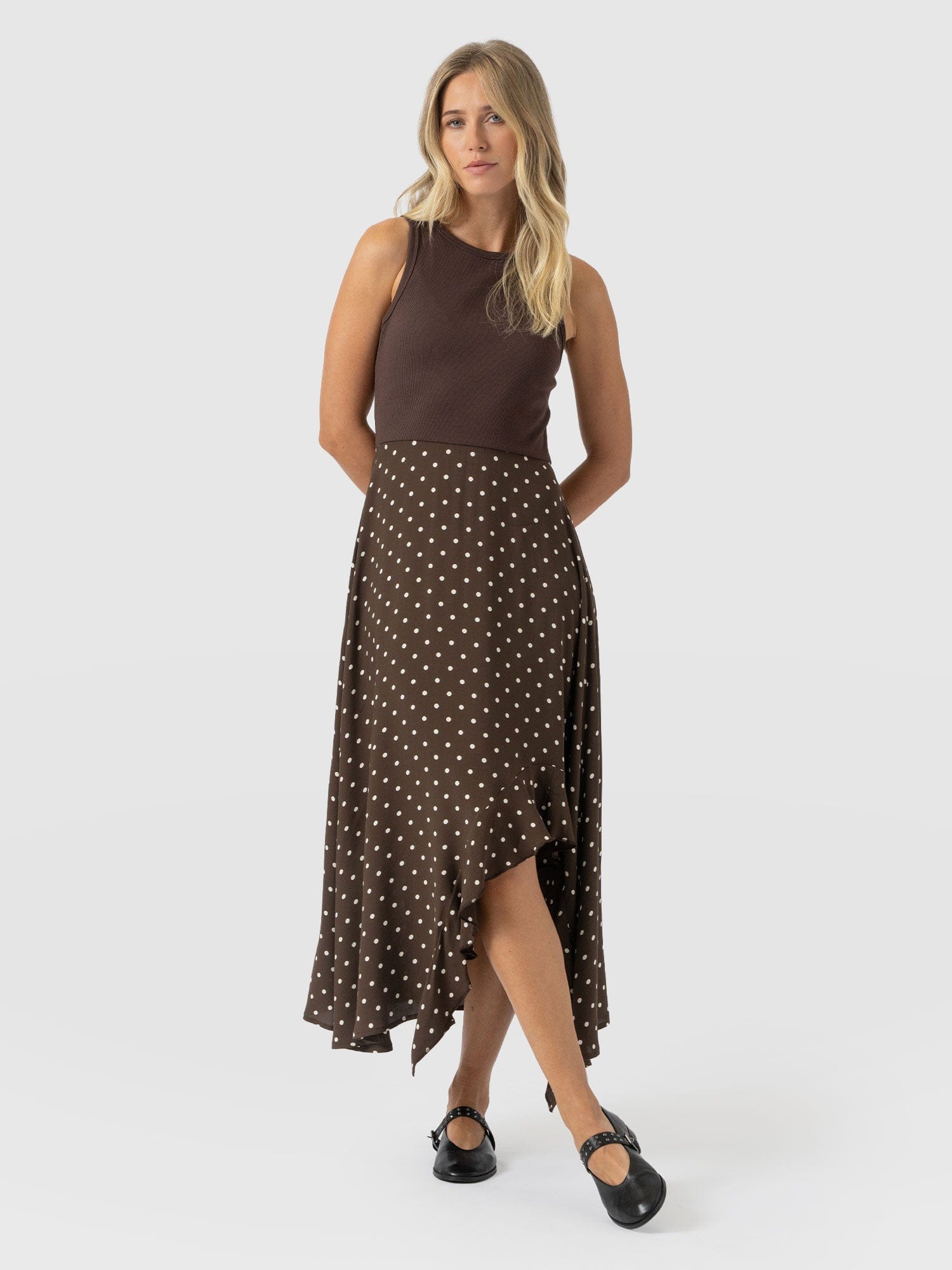 Renee Contrast Frill Dress - Brown Polka Dot - Women's Handbags | Saint +  Sofia UK