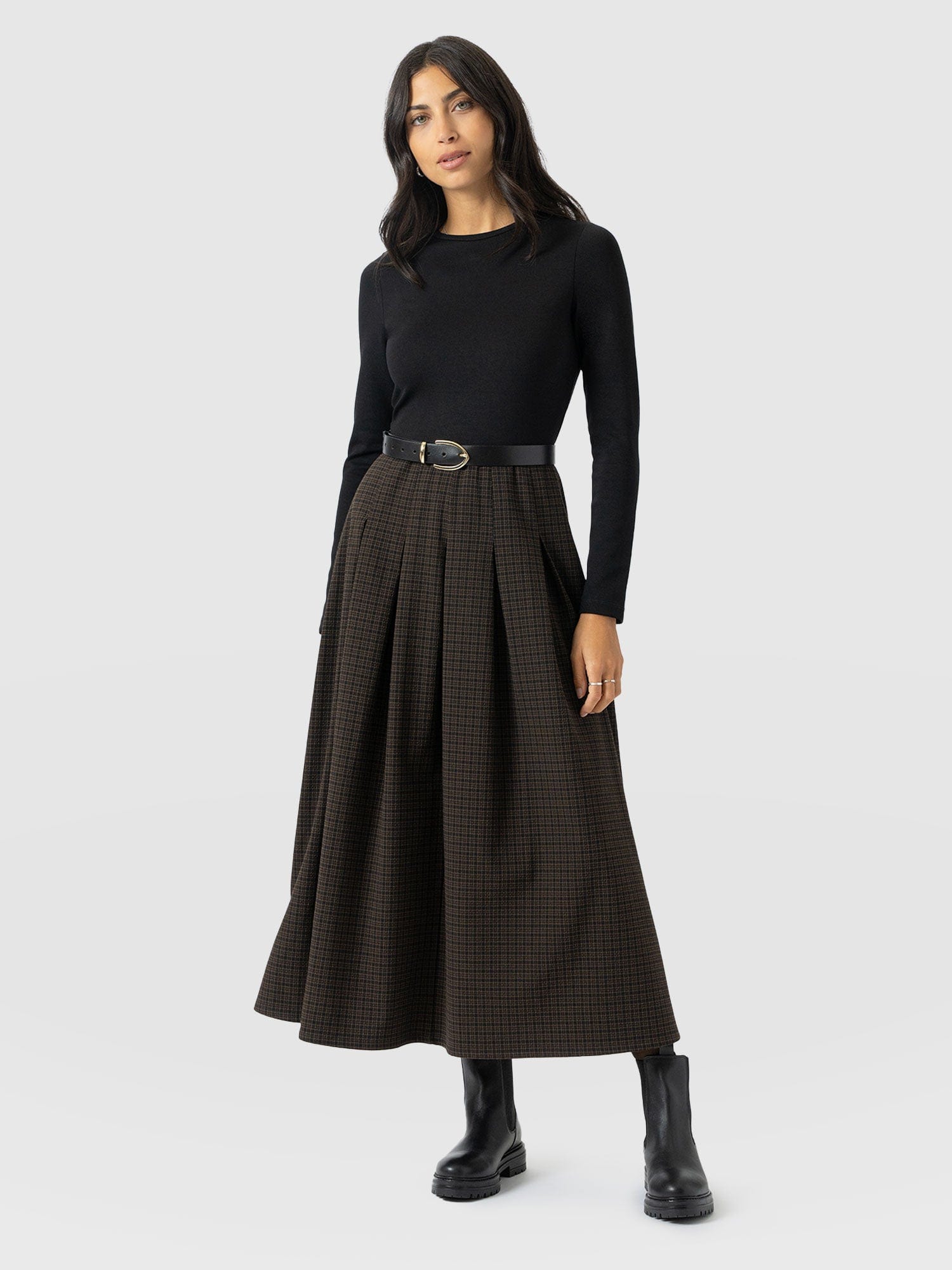 Renee Contrast Long Sleeve Dress - Brown Check - Women's Dresses | Saint + Sofia® UK