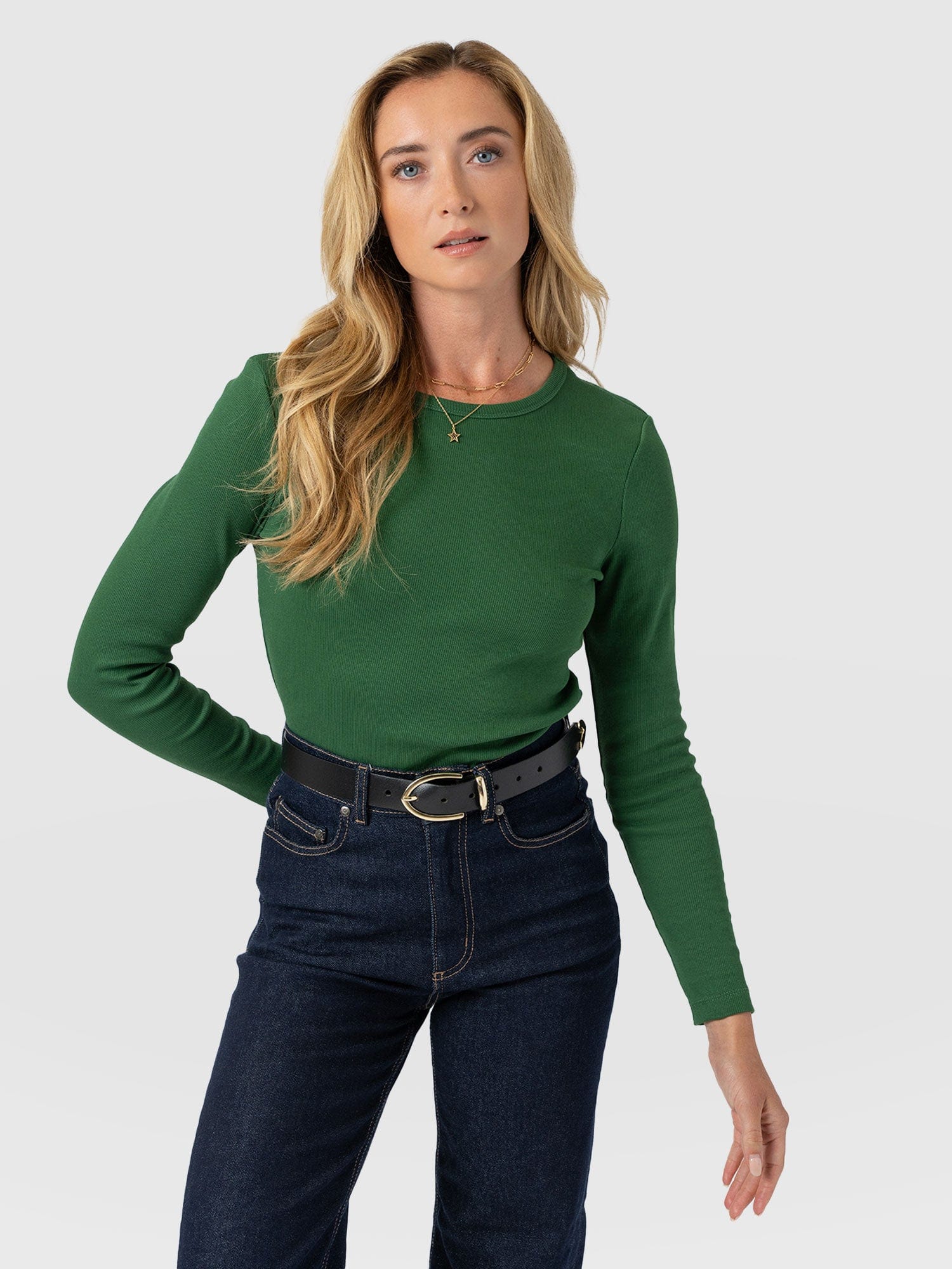 Ribbed Long Sleeve Tee - Basil Green - Women's T-shirts | Saint + Sofia® UK