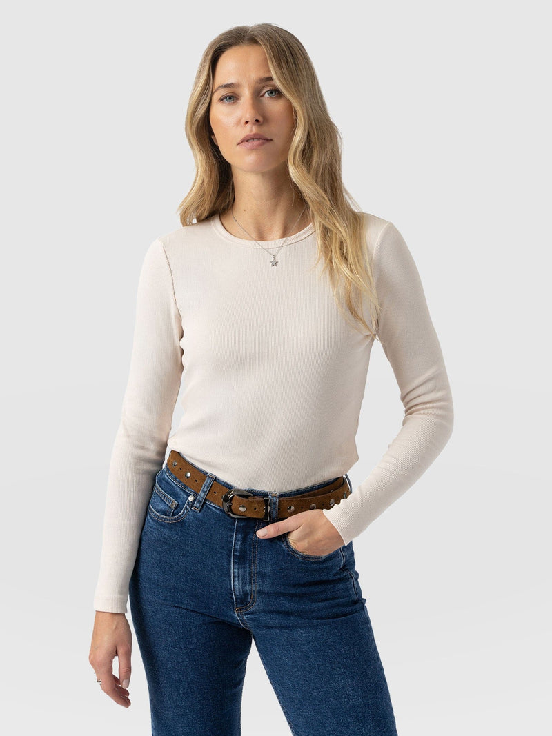 Ribbed Long Sleeve Tee - Cream - Women's T-shirts | Saint + Sofia® UK