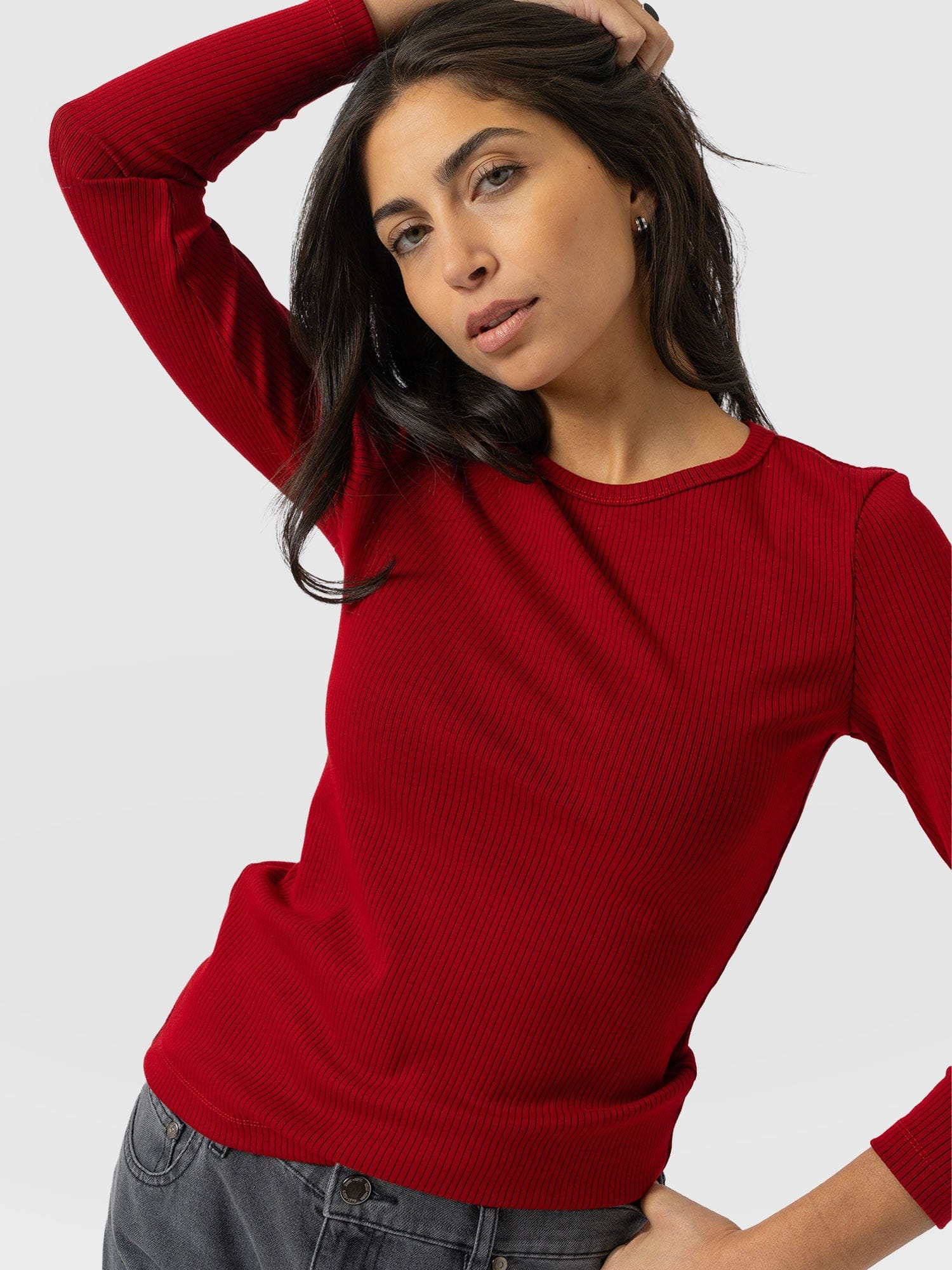 Ribbed Long Sleeve Tee - Deep Red - Women's T-shirts | Saint and Sofia® UK