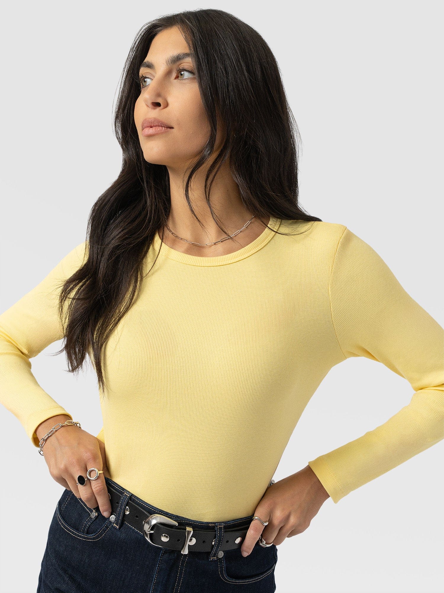 Ribbed Long Sleeve Tee - Pale Yellow