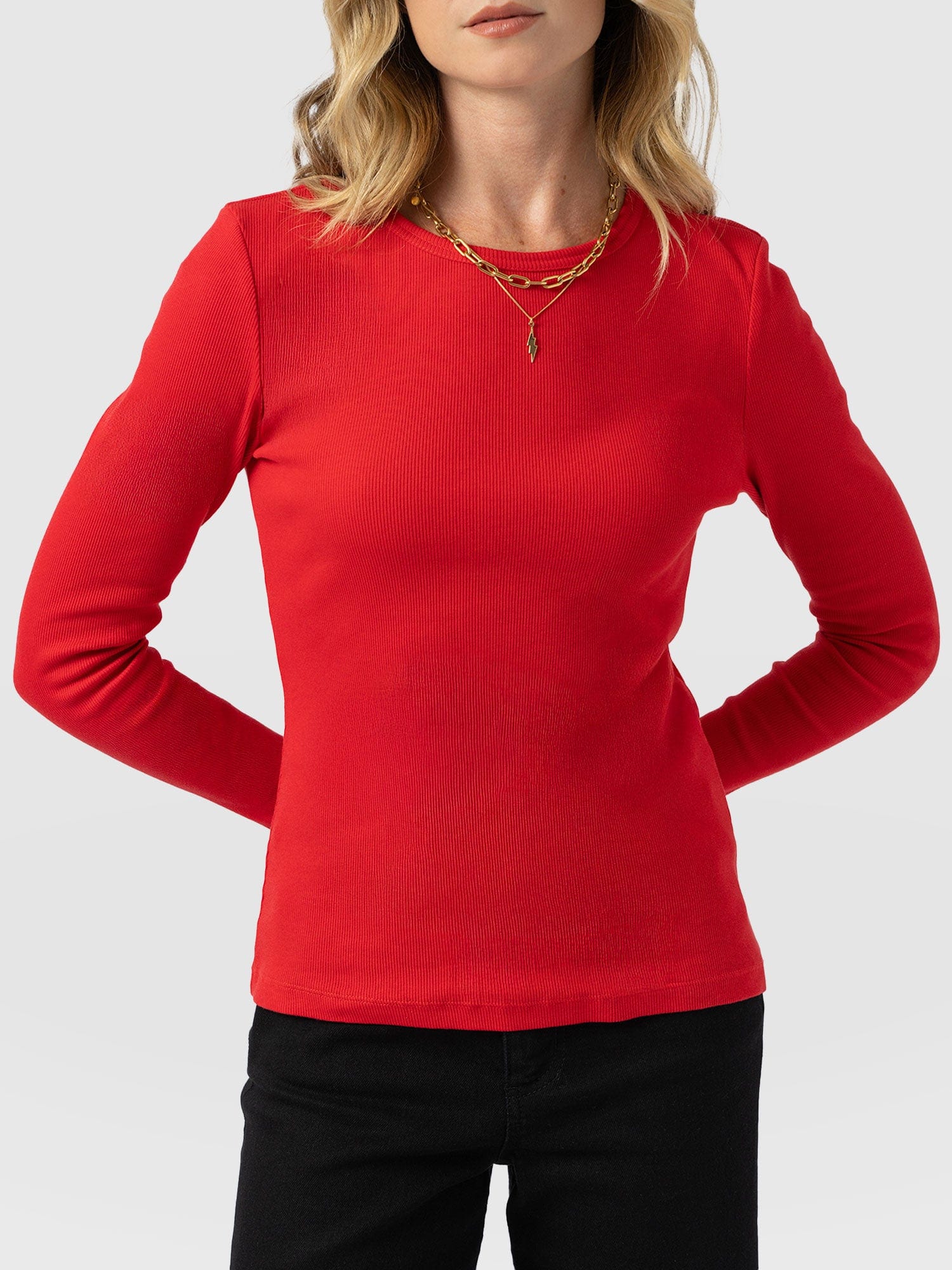 Ribbed Long Sleeve Tee - Red - Women's T-shirts | Saint and Sofia® UK
