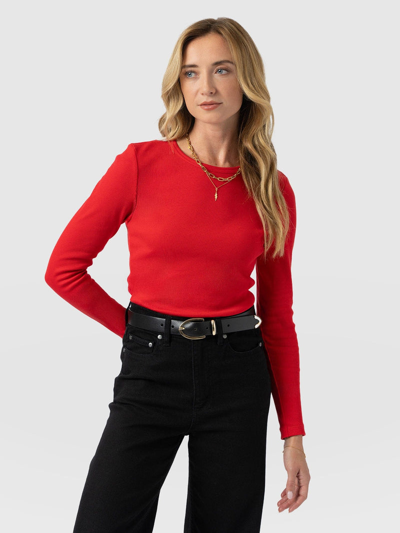 Ribbed Long Sleeve Tee - Red - Women's T-shirts | Saint and Sofia® UK