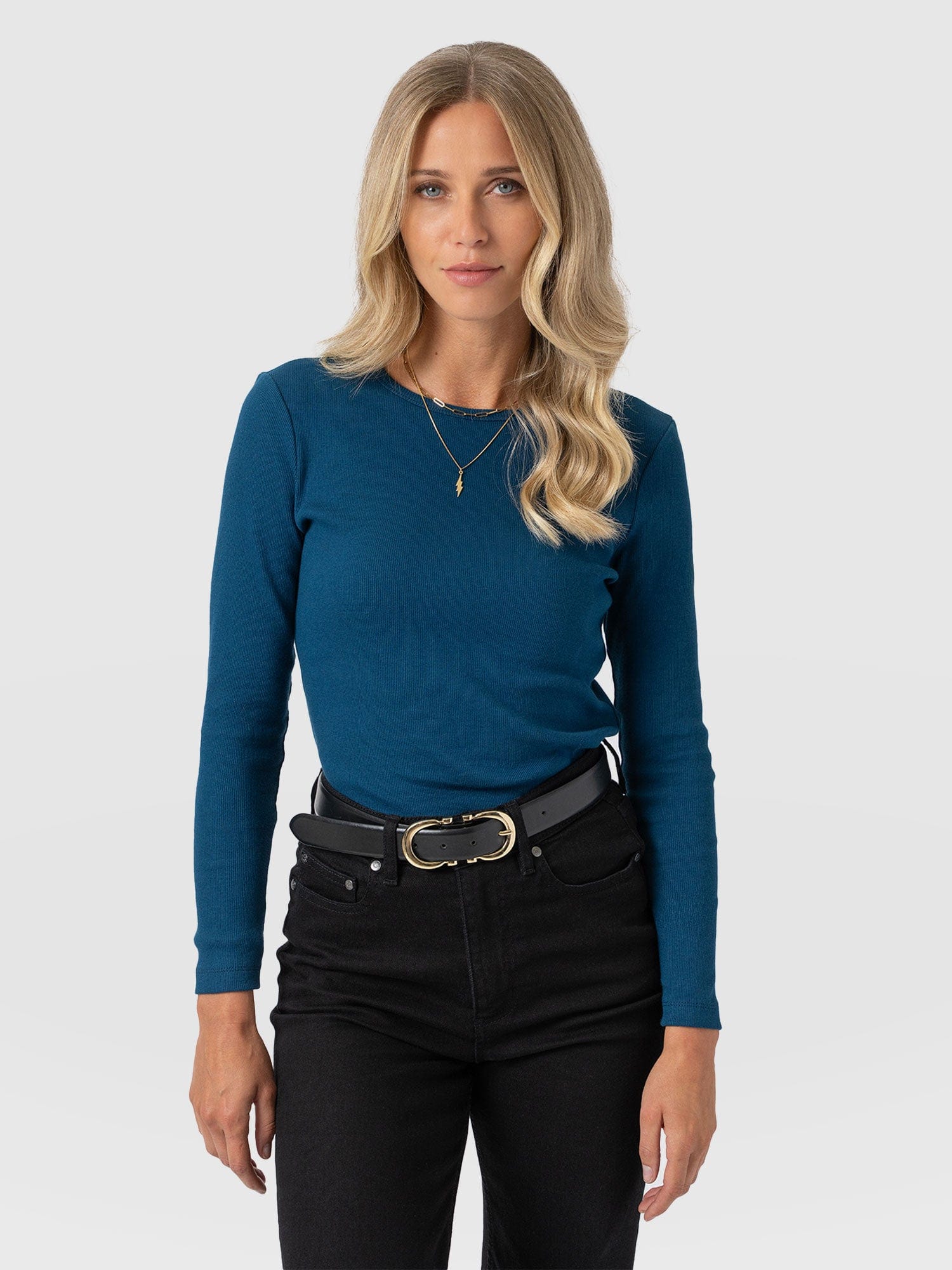 Ribbed Long Sleeve Tee - Teal - Women's T-shirts | Saint + Sofia® UK