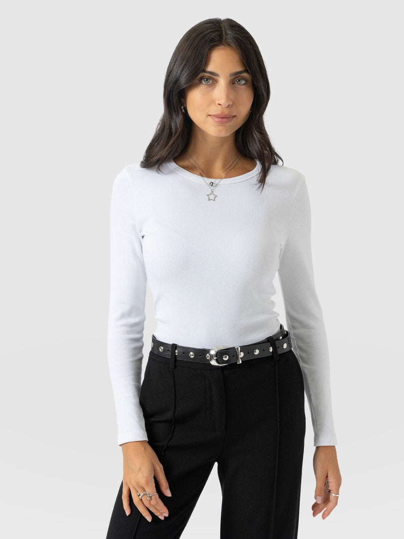 Ribbed Long Sleeve Tee - White - Women's T-shirts | Saint and Sofia® UK