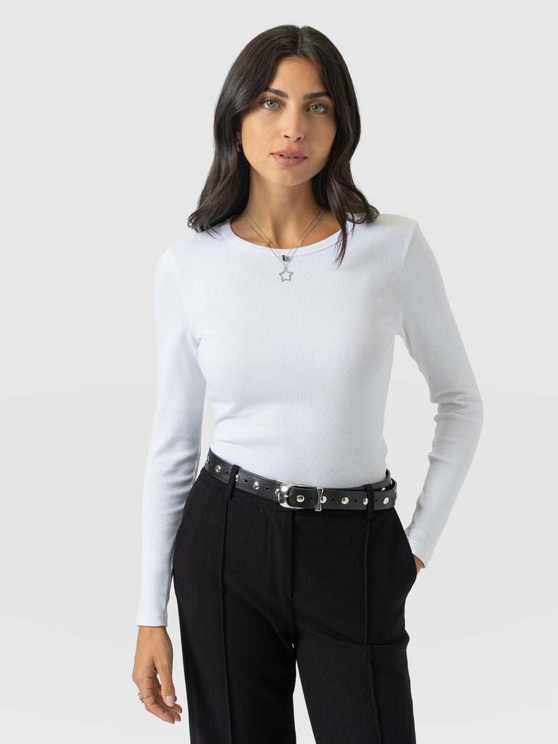 Ribbed Long Sleeve Tee - White - Women's T-shirts | Saint and Sofia® UK
