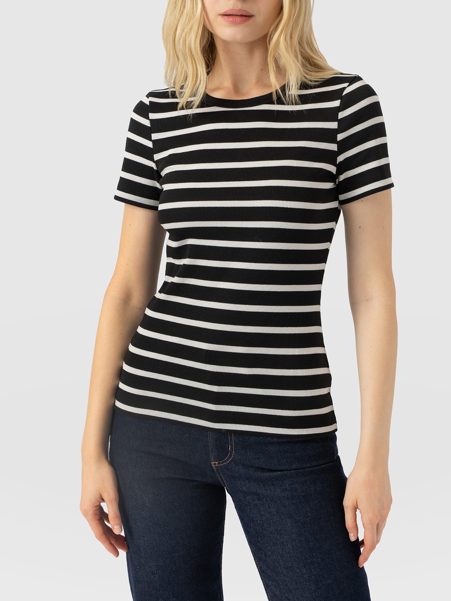 Ribbed Short Sleeve Tee - Black Stripe - Women's T-shirts | Saint and Sofia® UK
