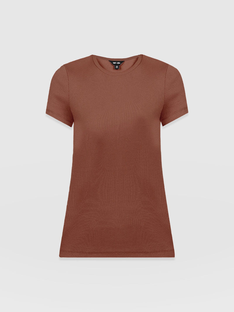 Ribbed Short Sleeve Tee - Russet Brown - Women's T-shirts | Saint + Sofia? UK