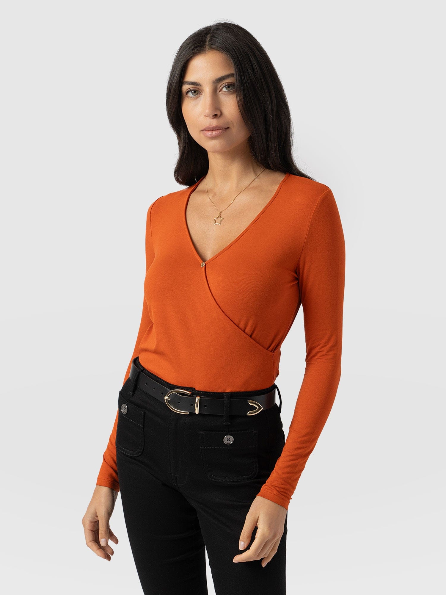 Rosa Wrap Tee Long Sleeve Amber - Women's Tops | Saint + Sofia® UK