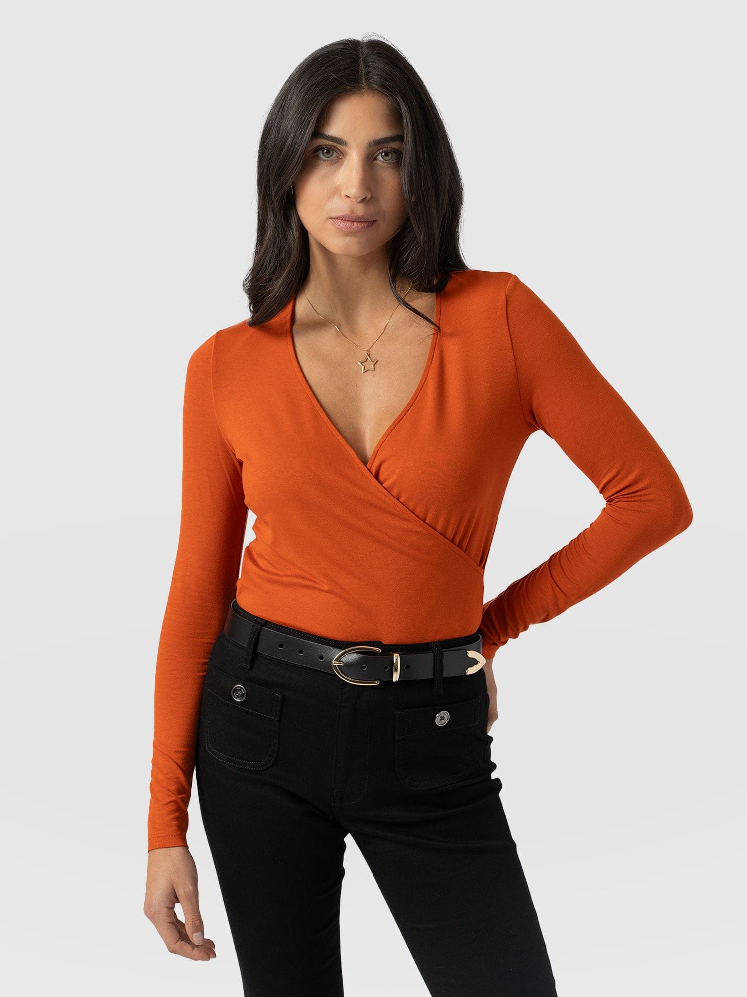 Rosa Wrap Tee Long Sleeve Amber - Women's Tops | Saint + Sofia® UK