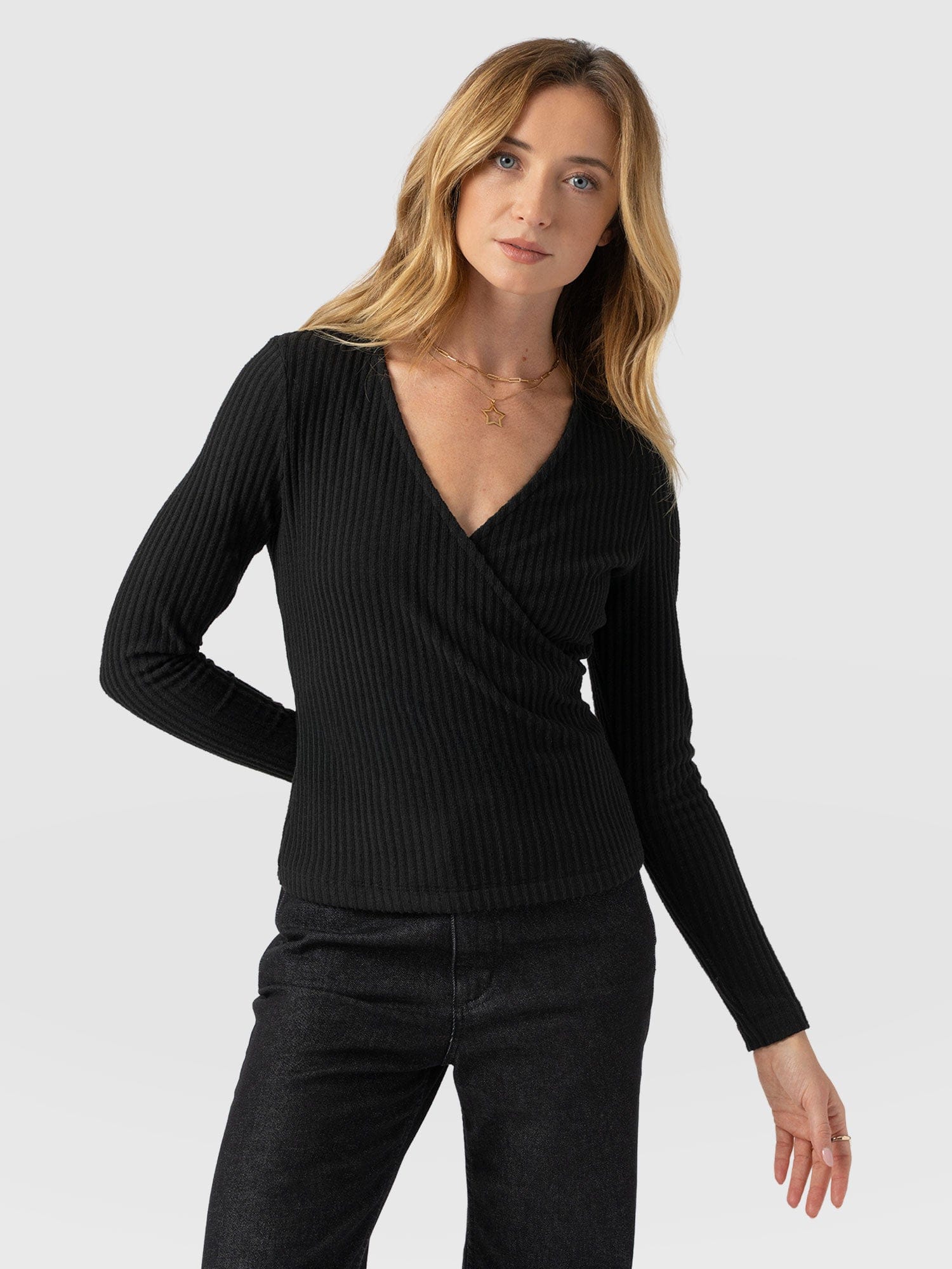 Rosa Wrap Tee Long Sleeve - Black Rib - Women's T-shirts | Saint + Sofia® UK