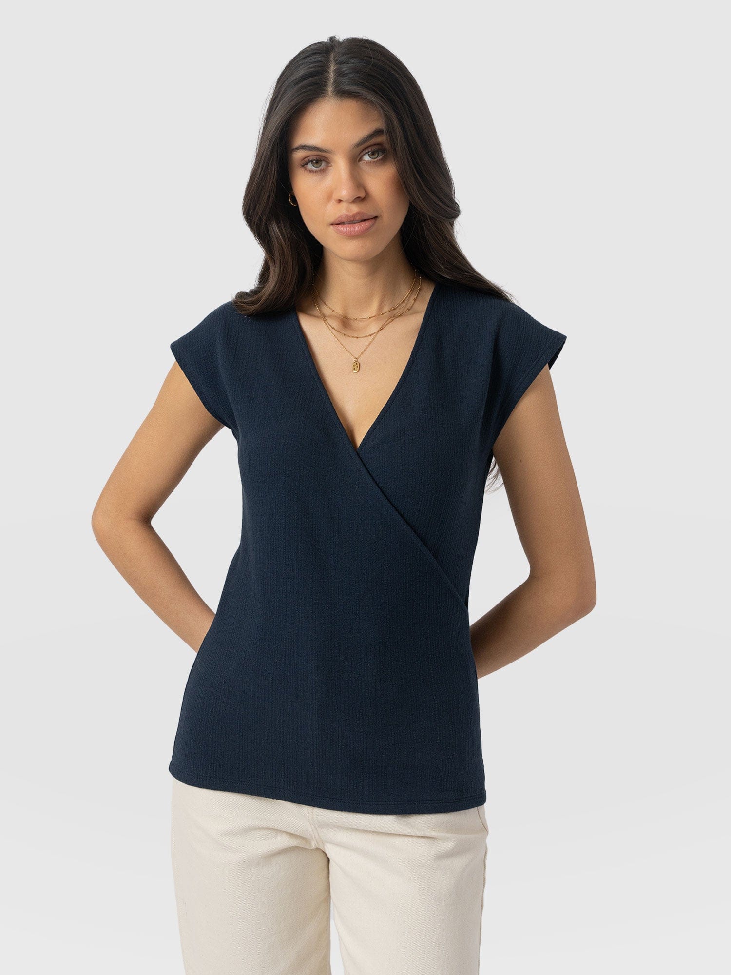 Rosa Wrap Top - Navy Textured - Women's T-shirts | Saint + Sofia® UK
