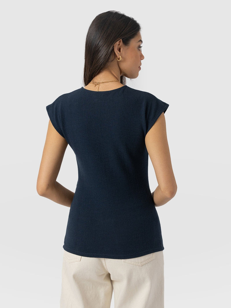 Rosa Wrap Top - Navy Textured - Women's T-shirts | Saint + Sofia® UK