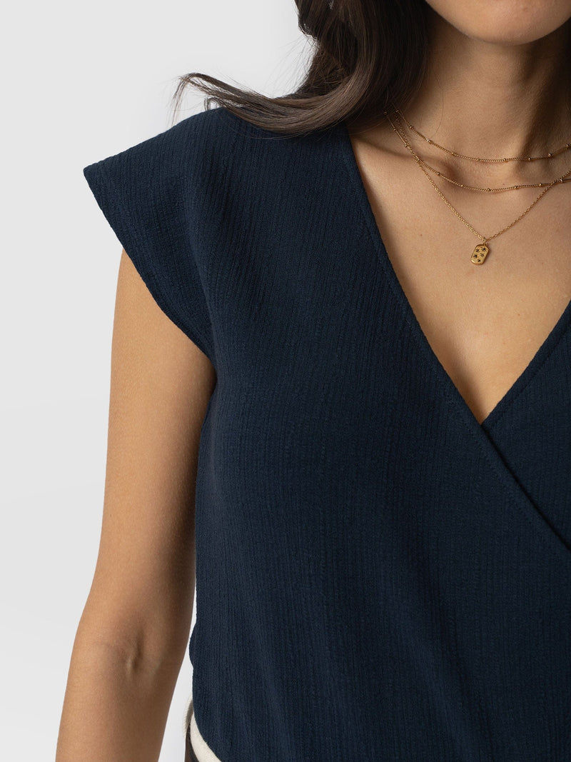 Rosa Wrap Top - Navy Textured - Women's T-shirts | Saint + Sofia® UK