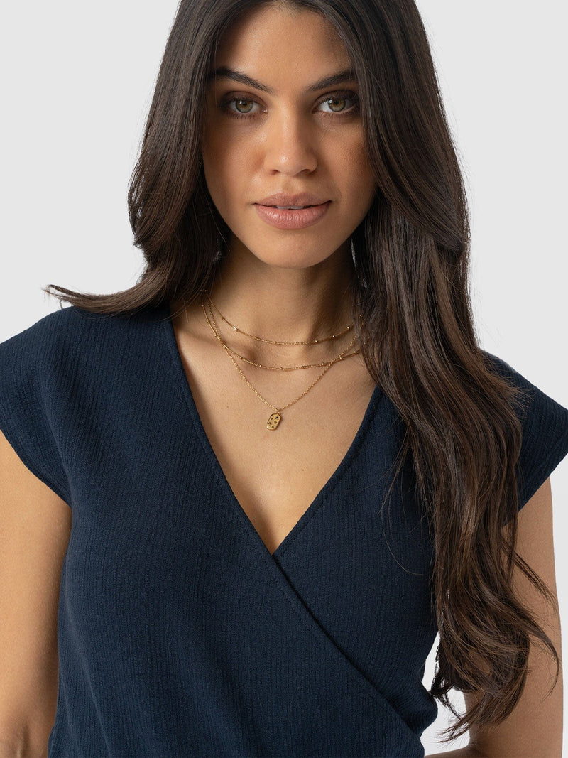 Rosa Wrap Top - Navy Textured - Women's T-shirts | Saint + Sofia® UK