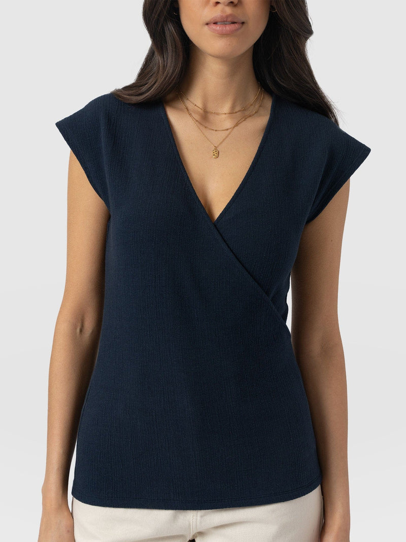 Rosa Wrap Top - Navy Textured - Women's T-shirts | Saint + Sofia® UK