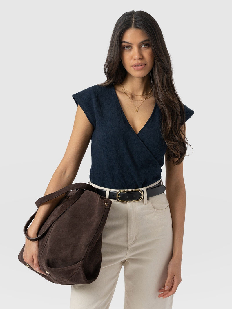 Rosa Wrap Top - Navy Textured - Women's T-shirts | Saint + Sofia® UK